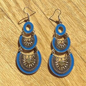 Indian-Style Blue and Silver Dangle Earrings